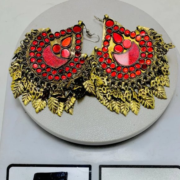 Handmade Afghan Kuchi Earrings: Red Glass Boho Jewelry - Picture 6 of 12